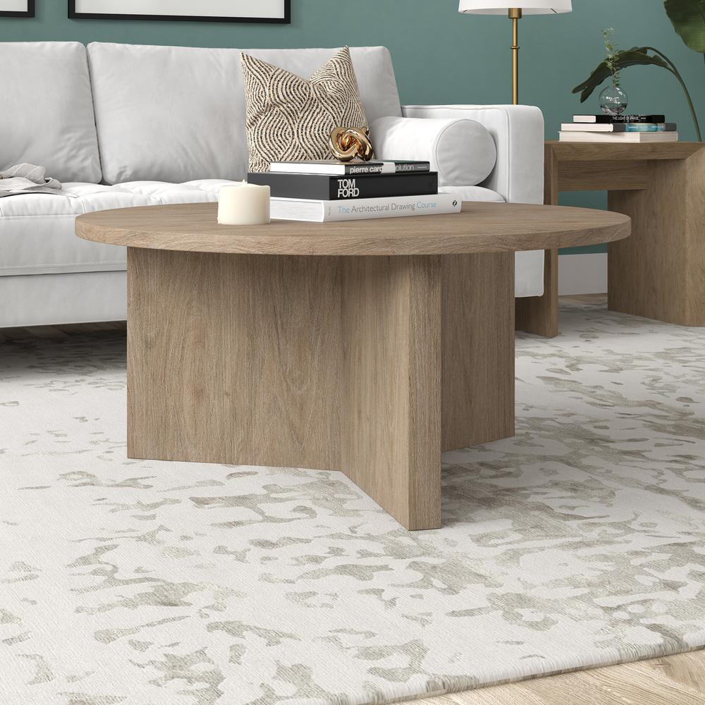 Anders 36" Wide Round Coffee Table in Antiqued Gray Oak. Picture 3
