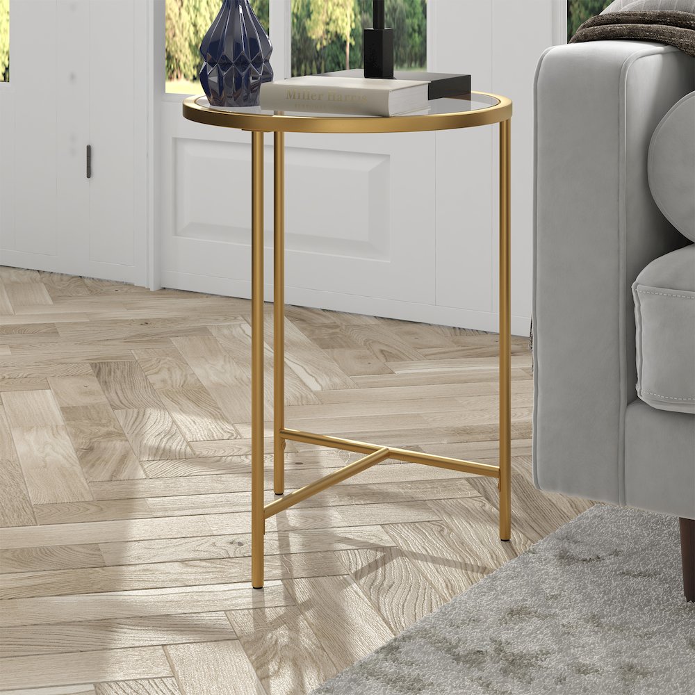 18'' Round Glass End Table Modern Side Table, Night Stand, Soft Brass. Picture 5