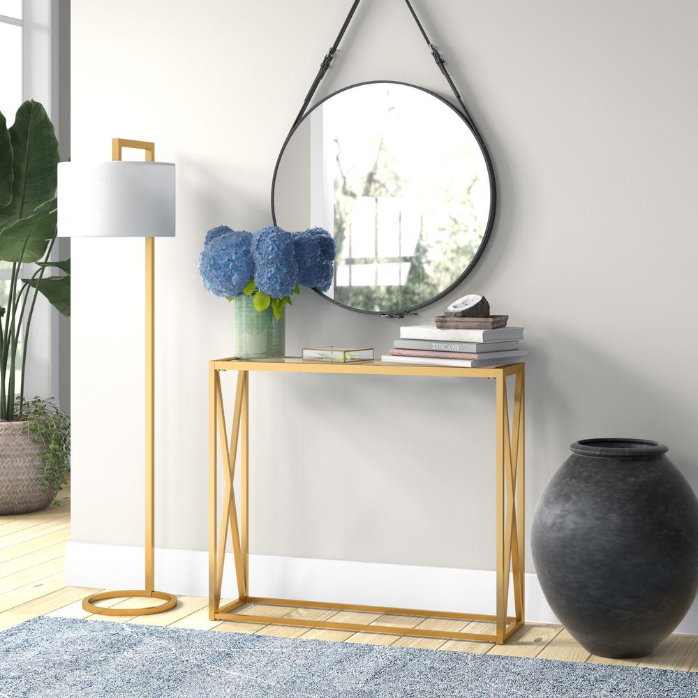 Grayson 64" Tall Floor Lamp with Fabric Shade in Brass/White. Picture 3