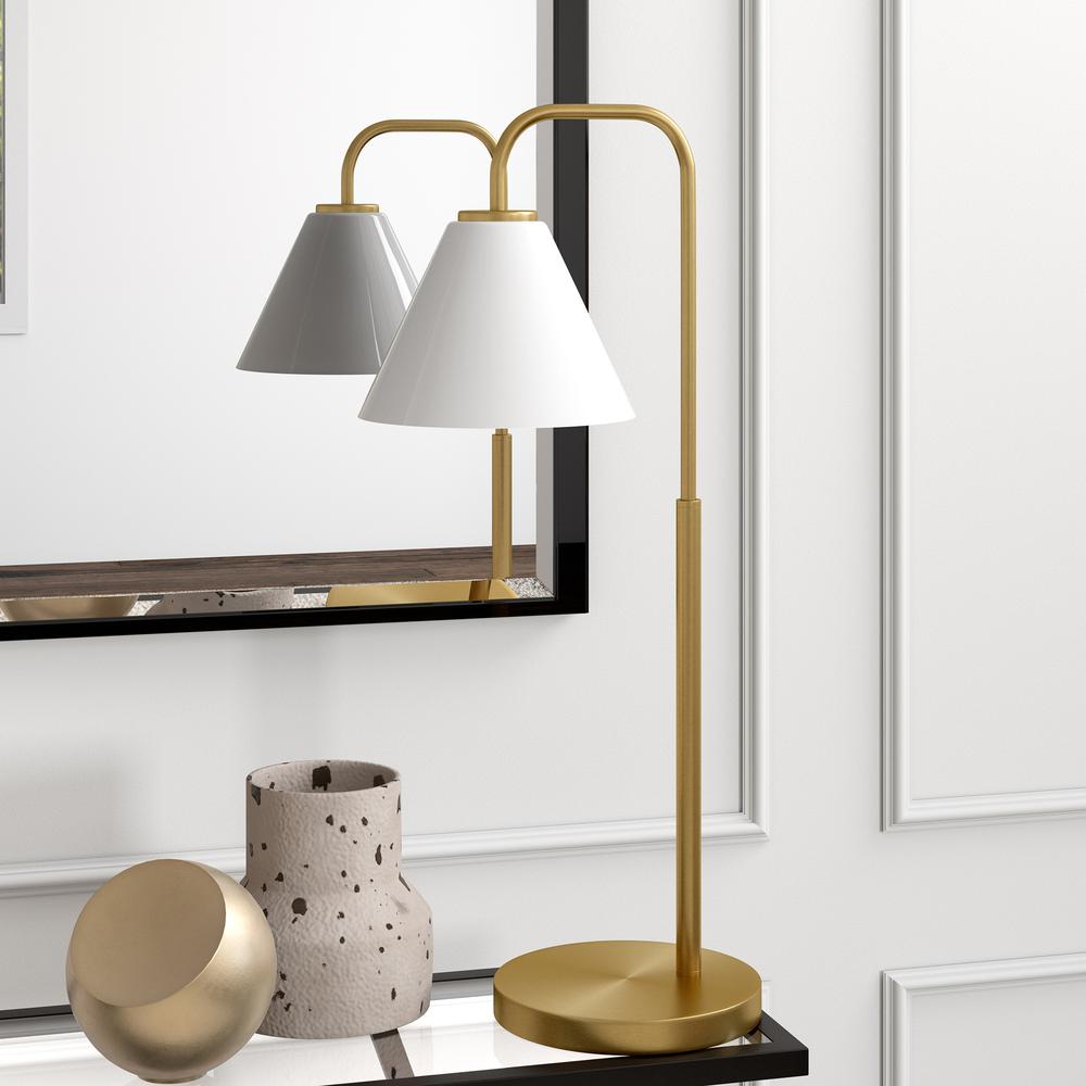 Henderson 27" Tall Arc Table Lamp with Glass Shade in Brass/White Milk. Picture 2