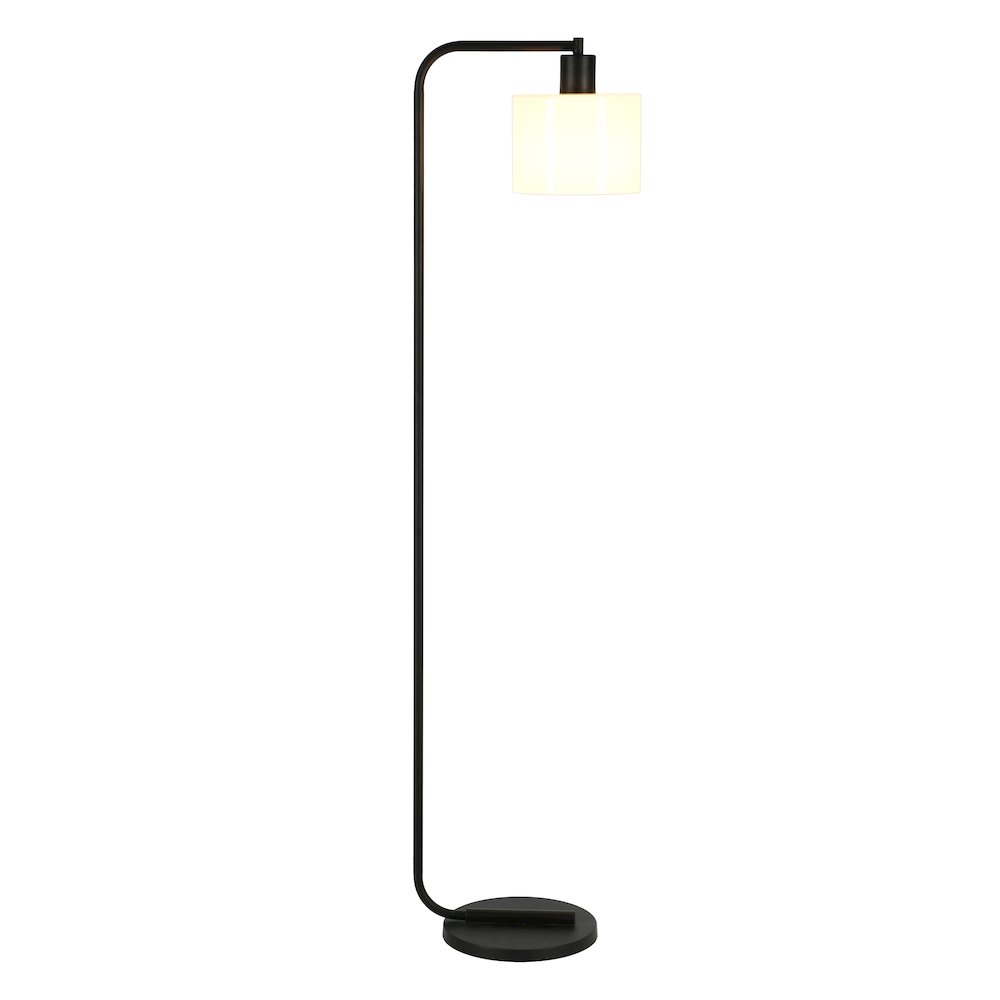 57'' Industrial 1-Light Floor Lamp with White Glass Drum Shade, Black. Picture 6