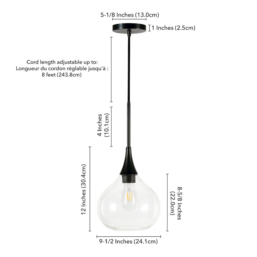 9" Mid-Century Pendant Light Fixture with Glass Shade and 8' Cord, Flat Black. Picture 6