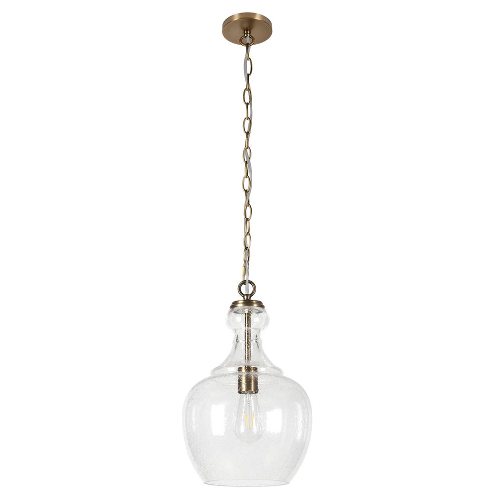 Verona 11" Wide Pendant with Glass Shade in Brass/Seeded. Picture 1