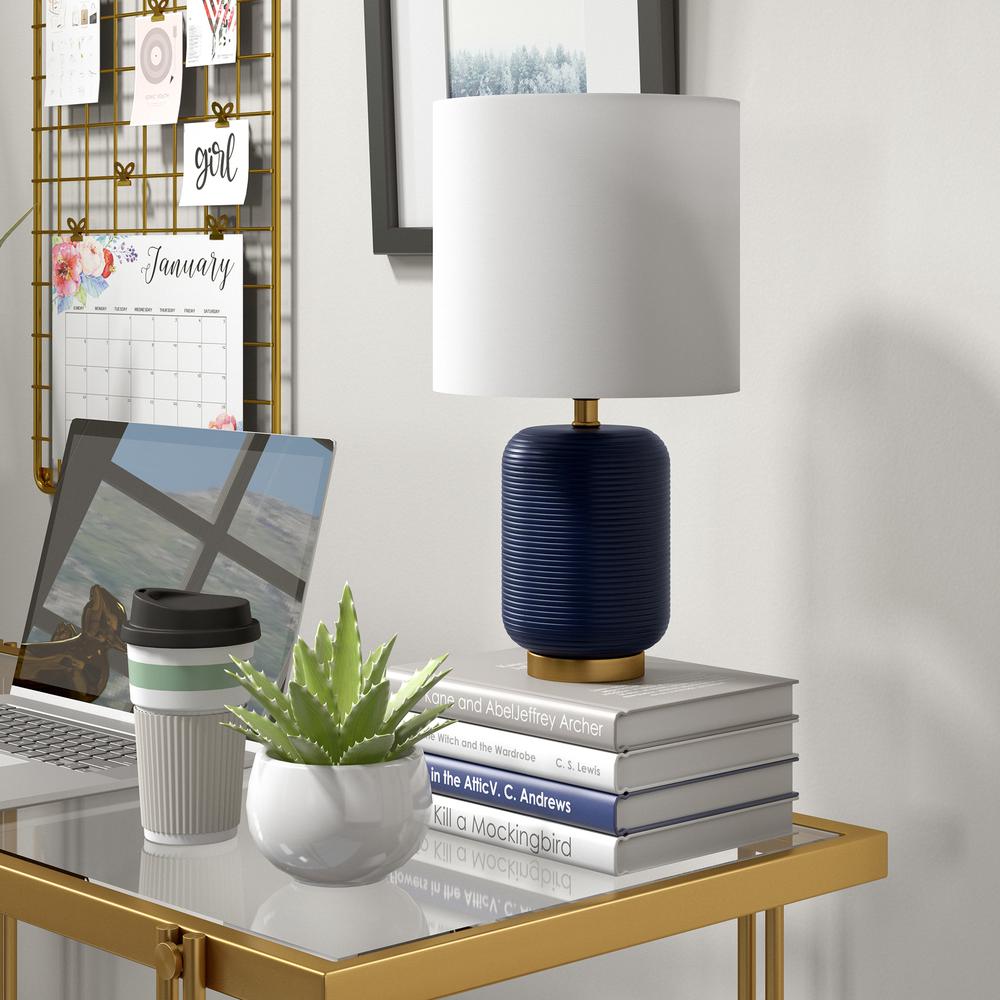 Lambert 15" Tall Ceramic Mini Lamp with Fabric Shade in Matte Navy/White. Picture 2