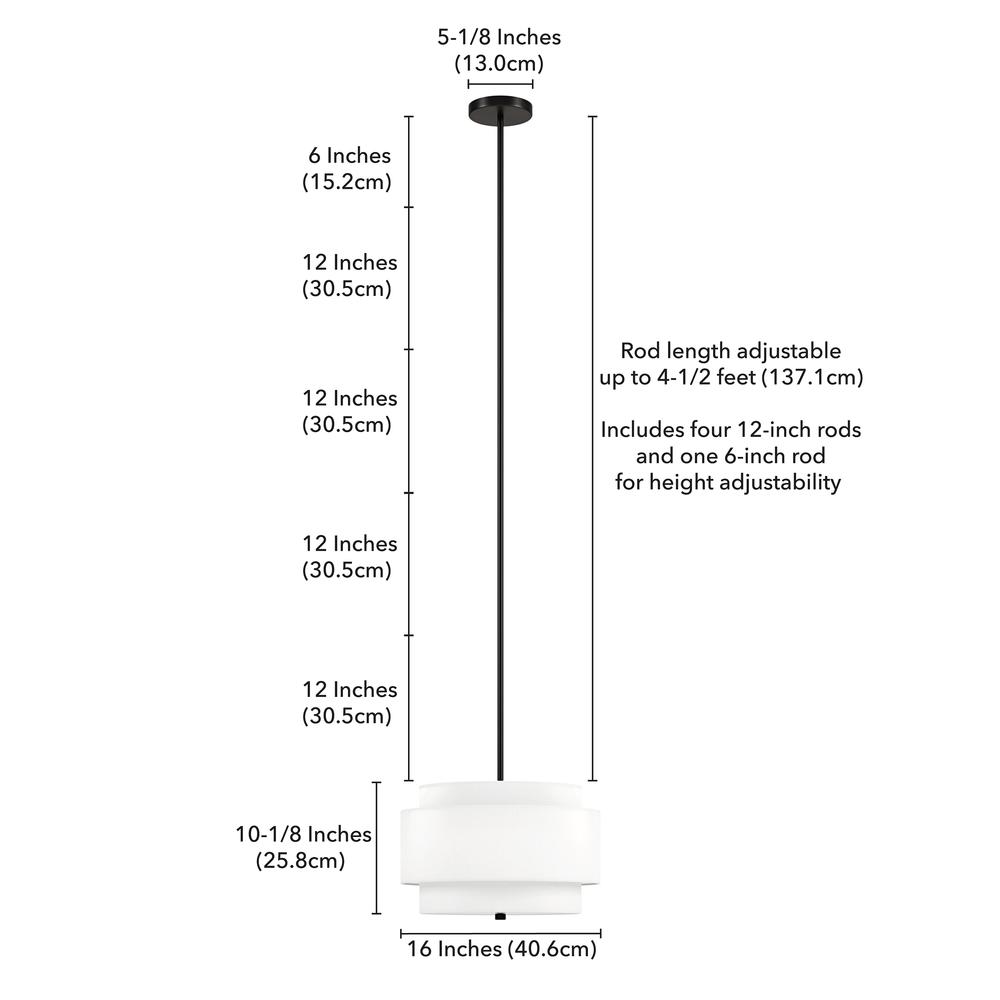 16" Wide 2-Light Pendant with Tiered Fabric Shade in Blackened Bronze/White. Picture 5