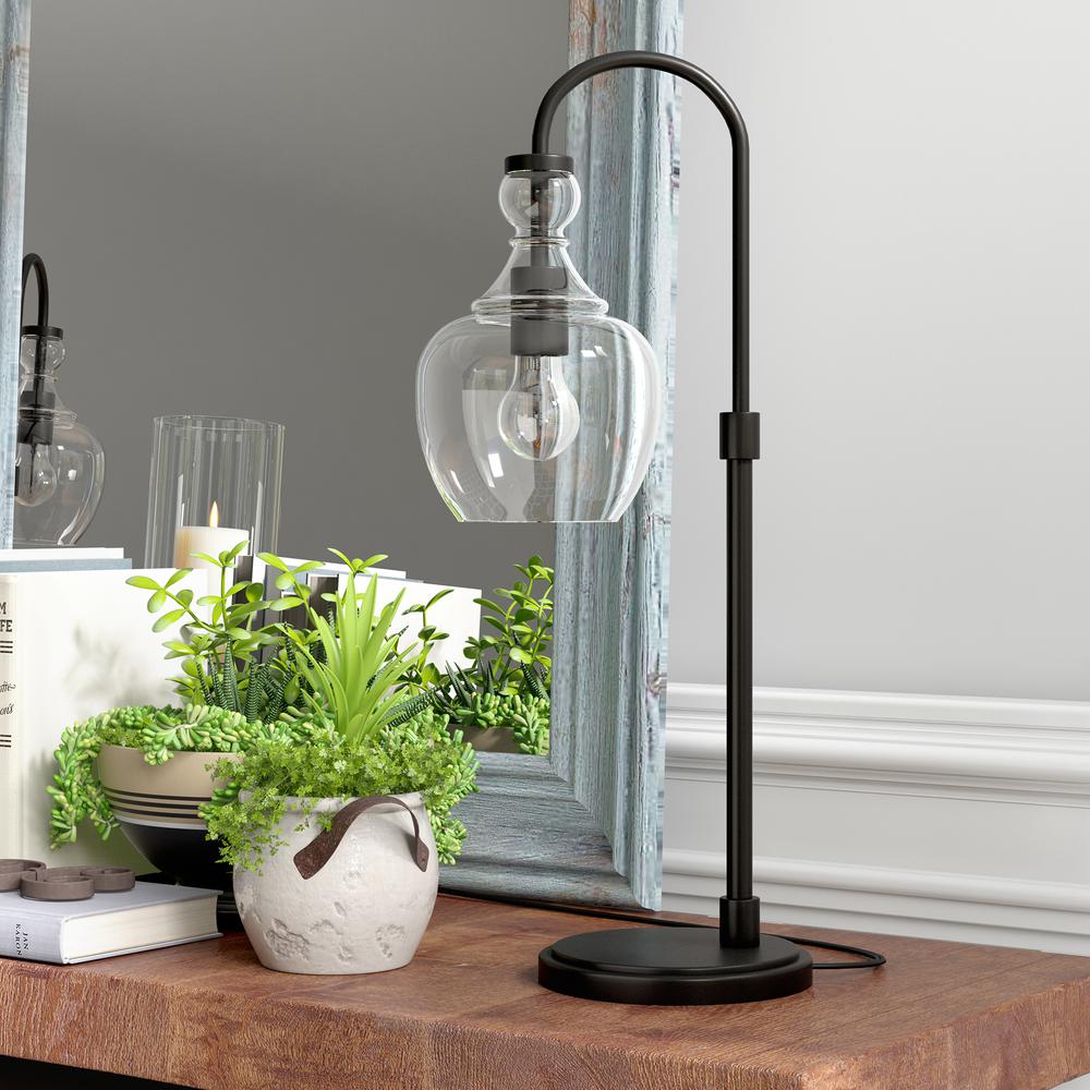 Verona 27" Tall Arc Table Lamp with Glass Shade in Blackened Bronze/Clear. Picture 2