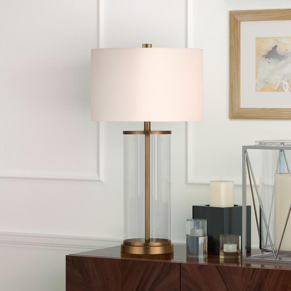 Rowan 28" Tall Table Lamp with Fabric Shade in Antique Brass/White. Picture 2
