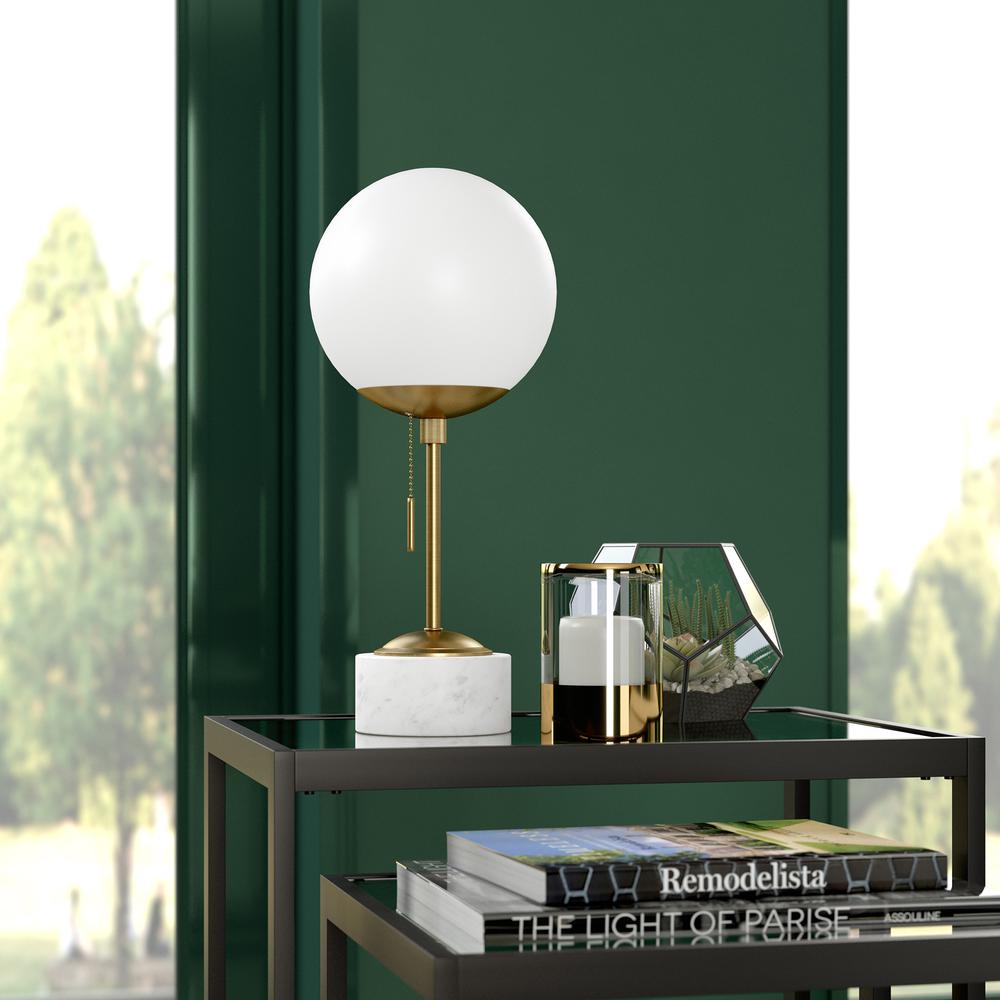 Reagan 17.75" Tall Table Lamp with Glass Shade in Brass/ White Marble/White Milk. Picture 2