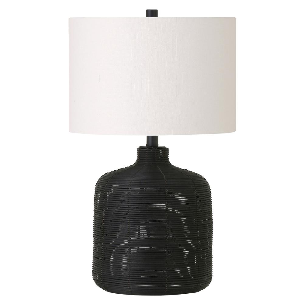 Jolina 20.5" Tall Petite/Rattan Table Lamp with Fabric Shade in Black Rattan/White. Picture 1