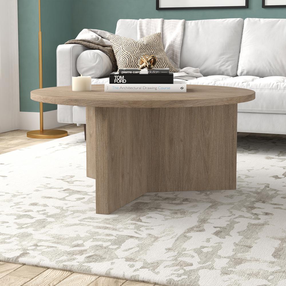 Anders 36" Wide Round Coffee Table in Antiqued Gray Oak. Picture 4