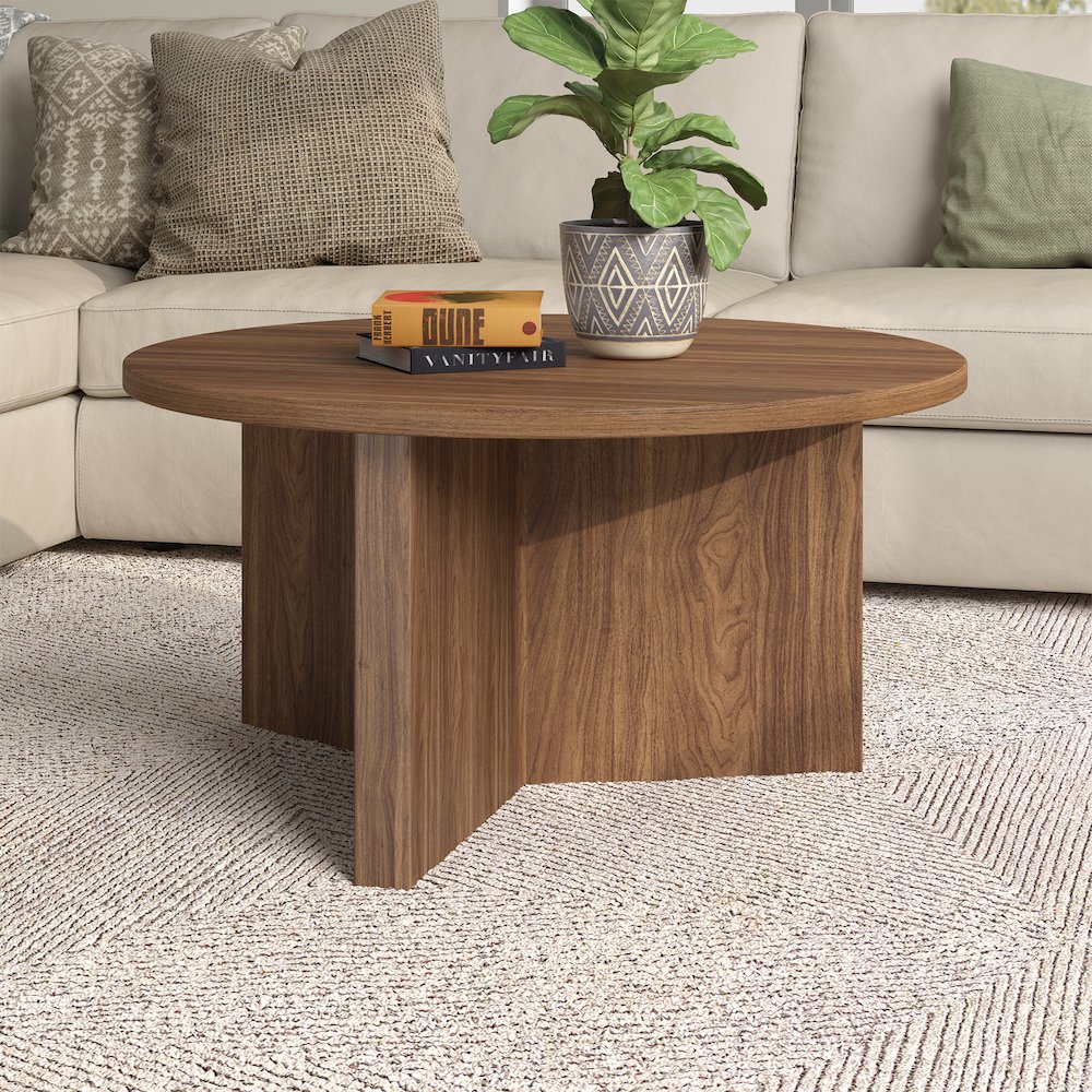 Anders 32" Wide Round Coffee Table in Satin Walnut. Picture 4