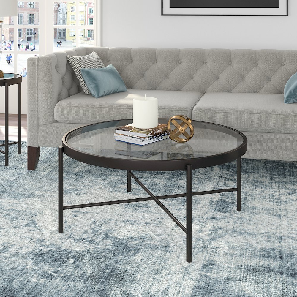 Henn&Hart 36" Round Coffee Table with Glass Top for Living Room, Family Room. Picture 5