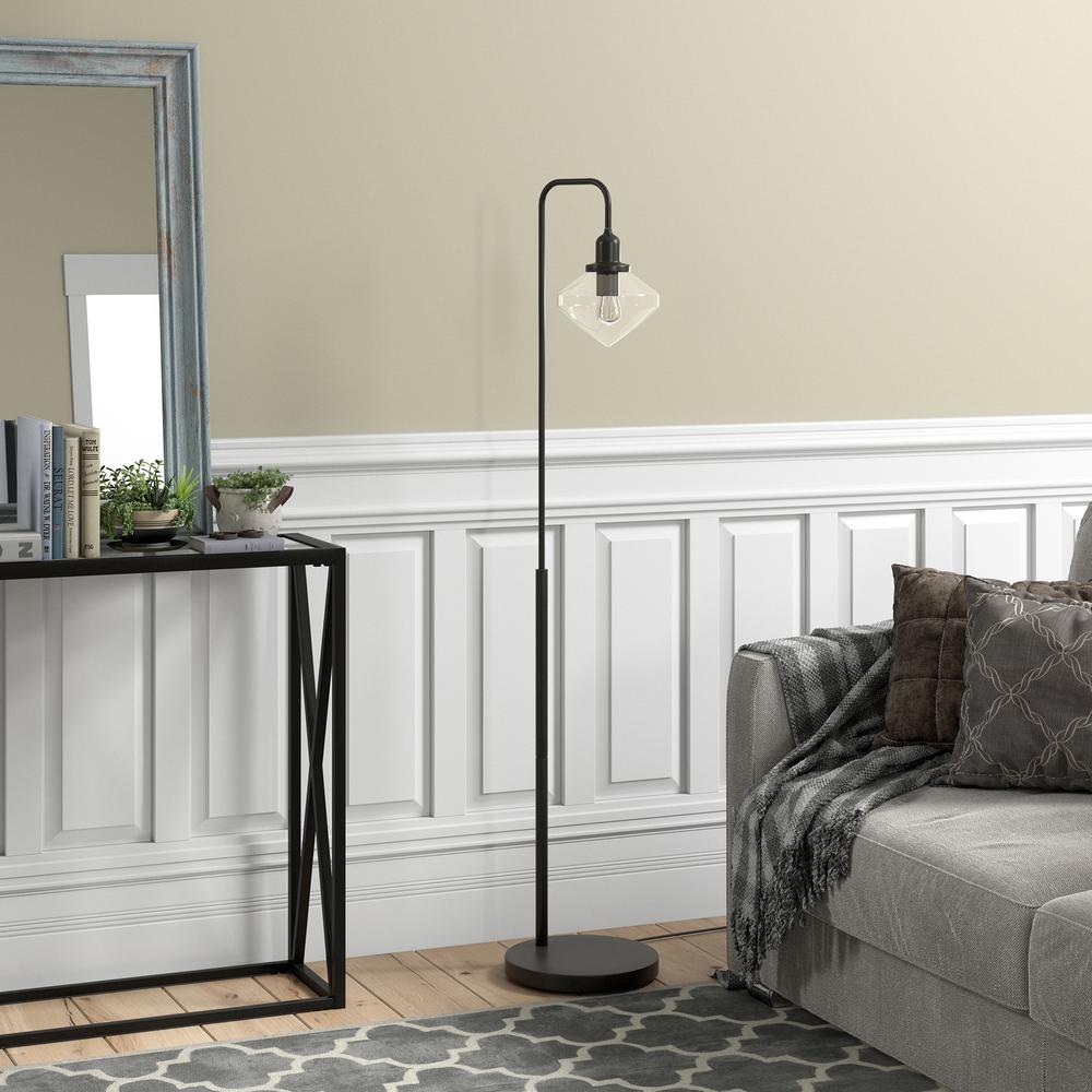 Zariza Arc Floor Lamp with Glass Shade in Blackened Bronze/Clear. Picture 4