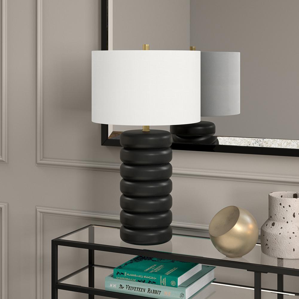 Zelda 25" Tall Ceramic Bubble Body Table Lamp with Fabric Shade in Matte Black/Brass/White. Picture 2