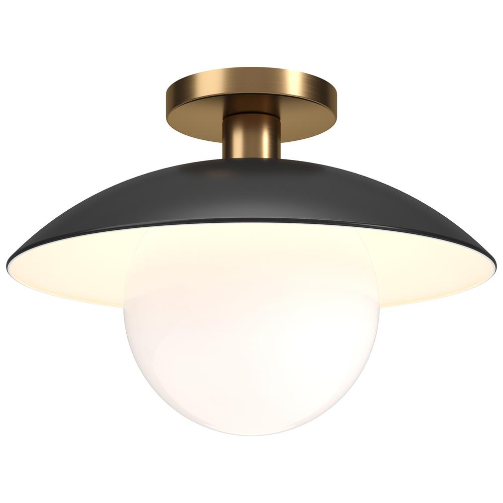 Alvia 14.5" Wide Semi Flush Mount with Metal/Glass Shade in Matte Black/Brass/White. Picture 3