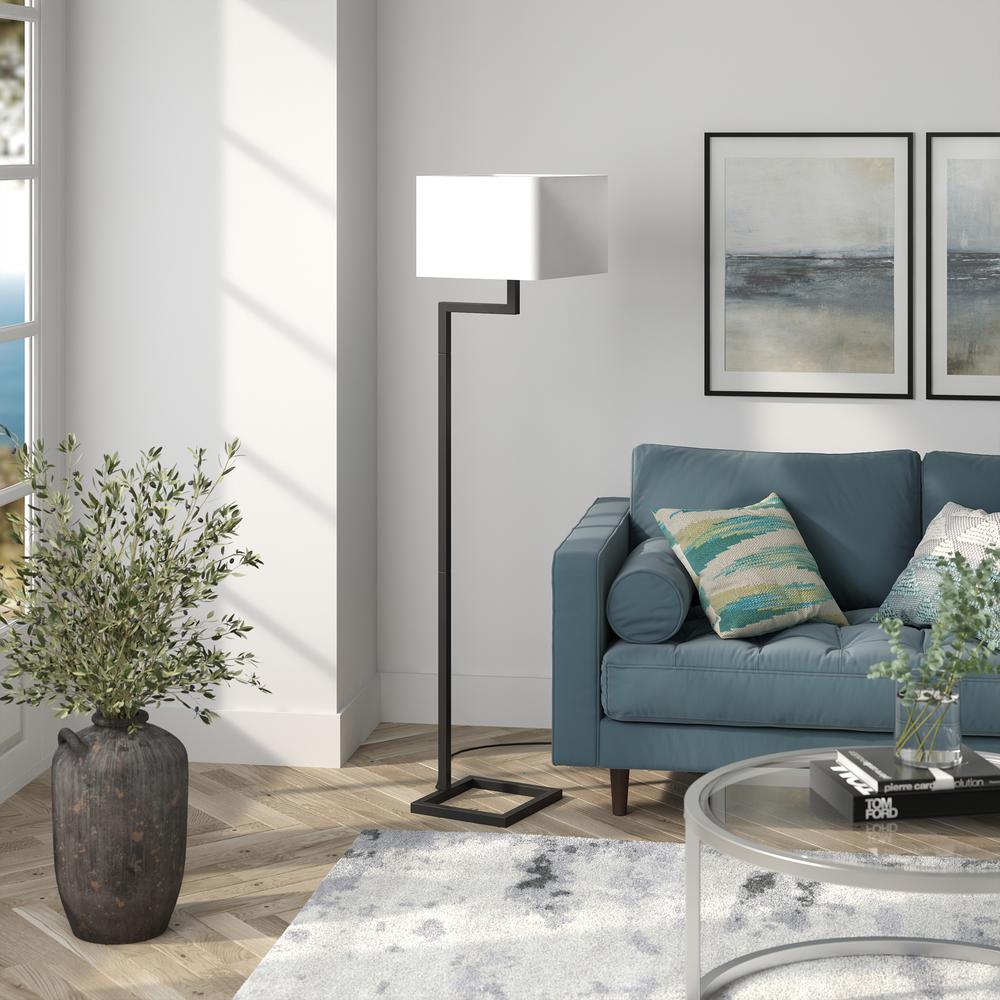 Xavier 64" Tall Floor Lamp with Fabric Shade in Blackened Bronze/White. Picture 3