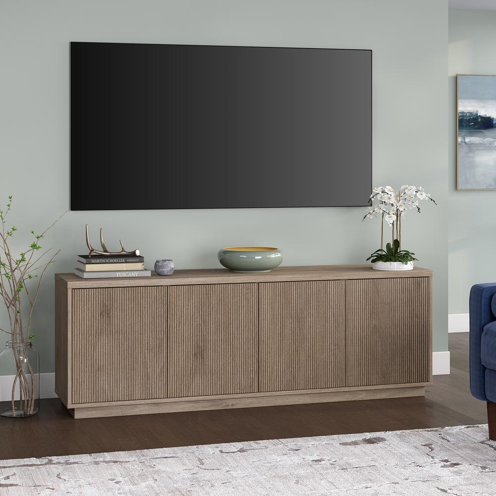 Hanson Rectangular TV Stand for TV's up to 75" in Antiqued Gray Oak. Picture 4