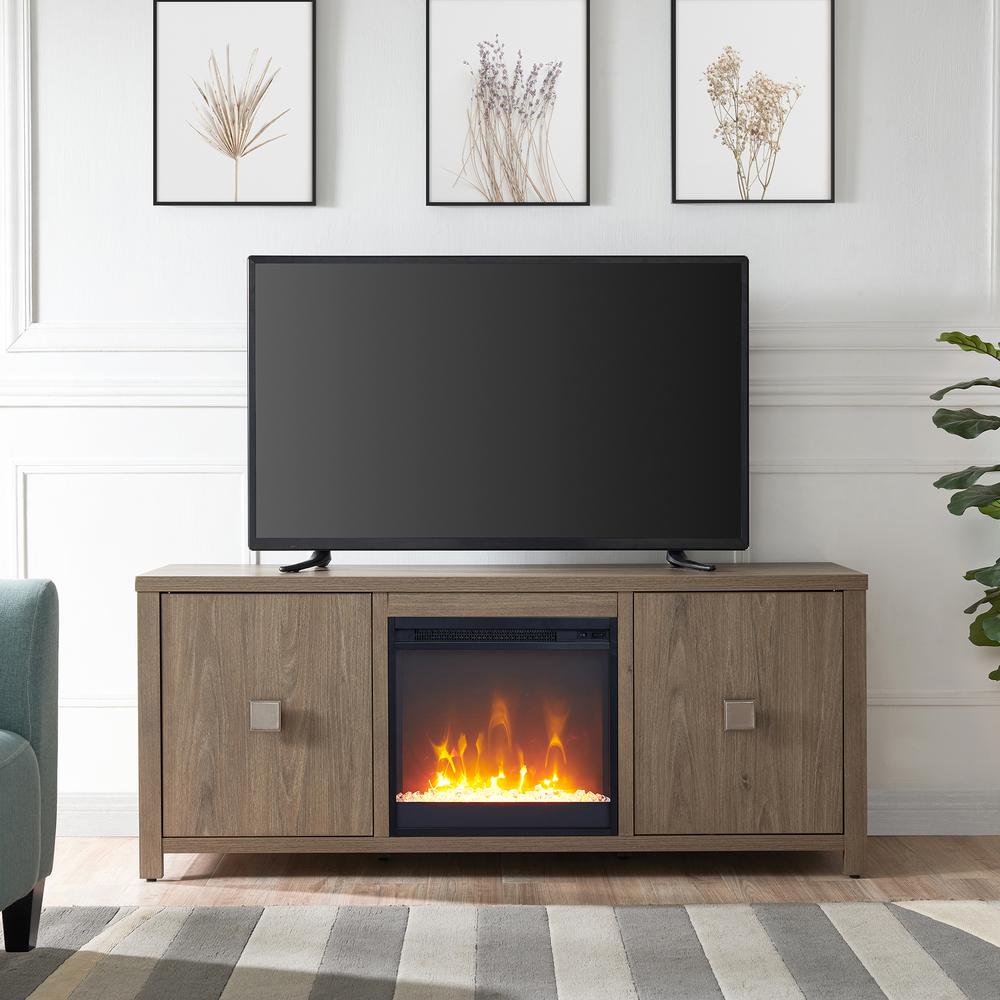 Juniper Rectangular TV Stand with Crystal Fireplace for TV's up to 65" in Antiqued Gray Oak. Picture 4
