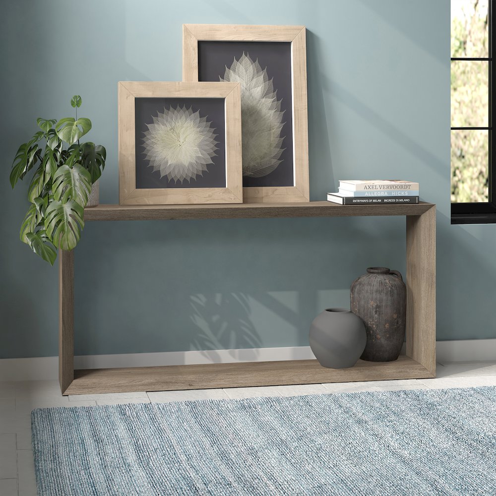 Osmond 64" Wide Rectangular Console Table in Antiqued Gray Oak. Picture 4