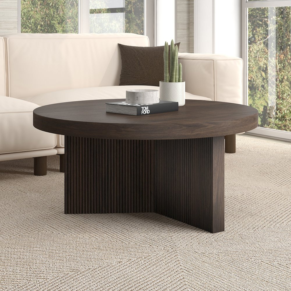 Holm 32" Wide Round Coffee Table in Alder Brown. Picture 3