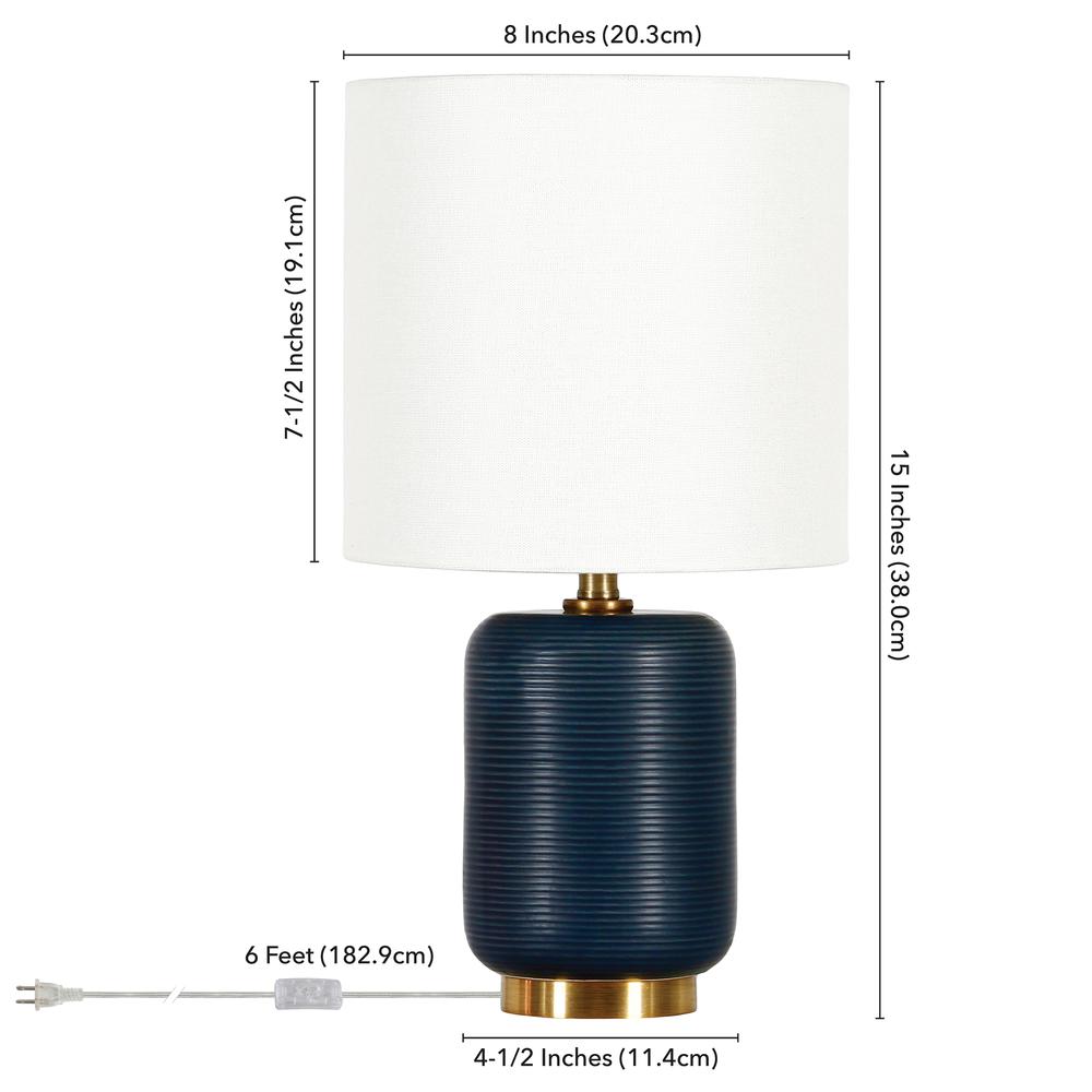Lambert 15" Tall Ceramic Mini Lamp with Fabric Shade in Matte Navy/White. Picture 5