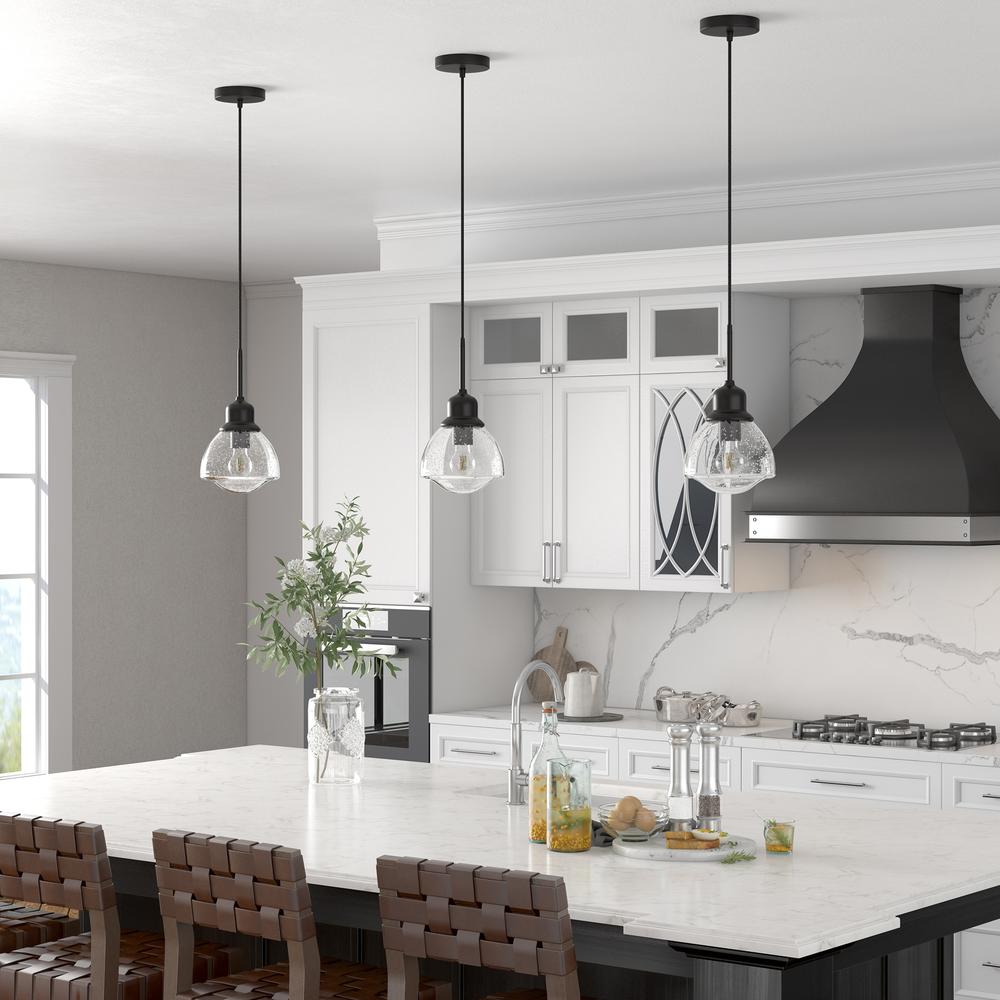 Brooks 8.12" Wide Pendant with Glass Shade in Blackened Bronze /Seeded. Picture 4