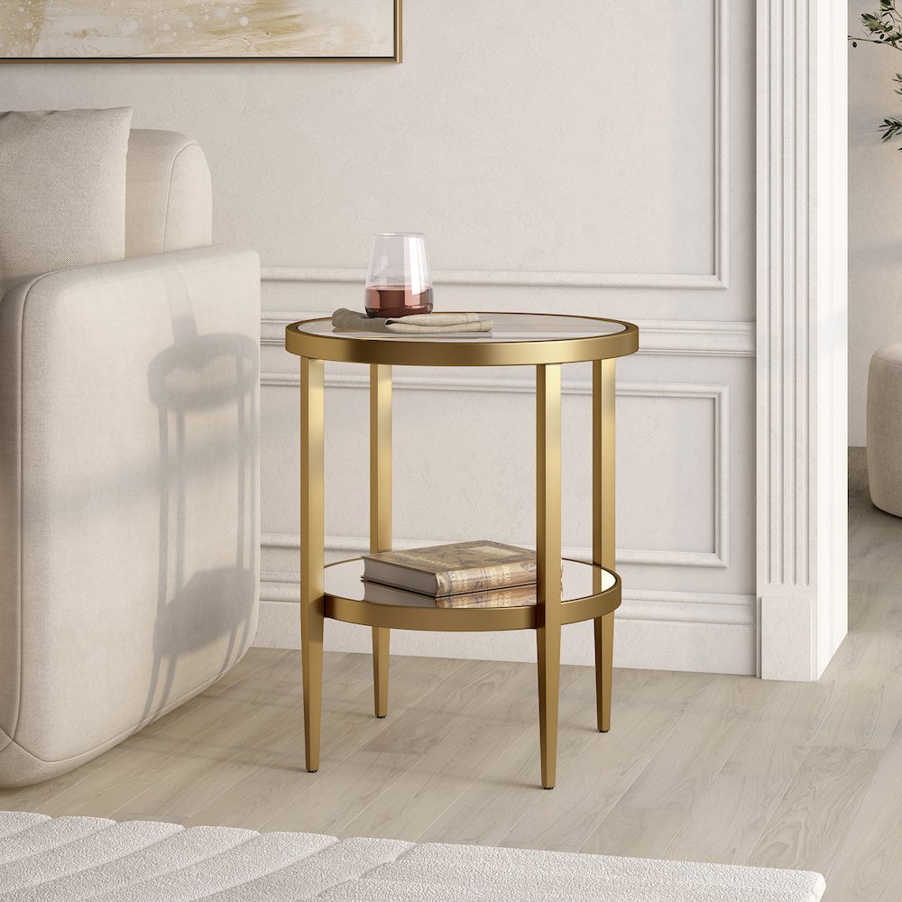 20" Modern Round End Table, Side Table, Nightstand with Open Shelf, Antique Gold. Picture 6