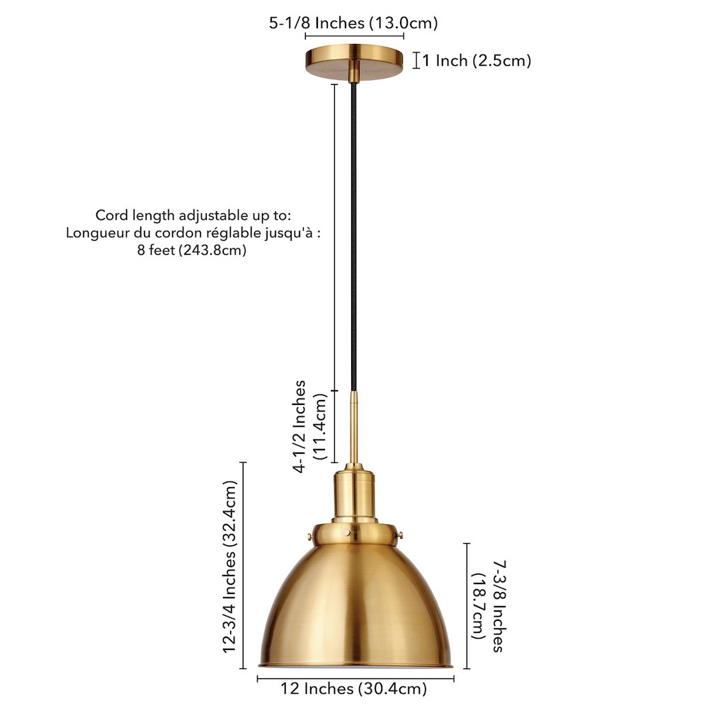 12" Industrial Pendant Light Fixture with Gold Metal Dome Shade, 8' Cord, Gold. Picture 7