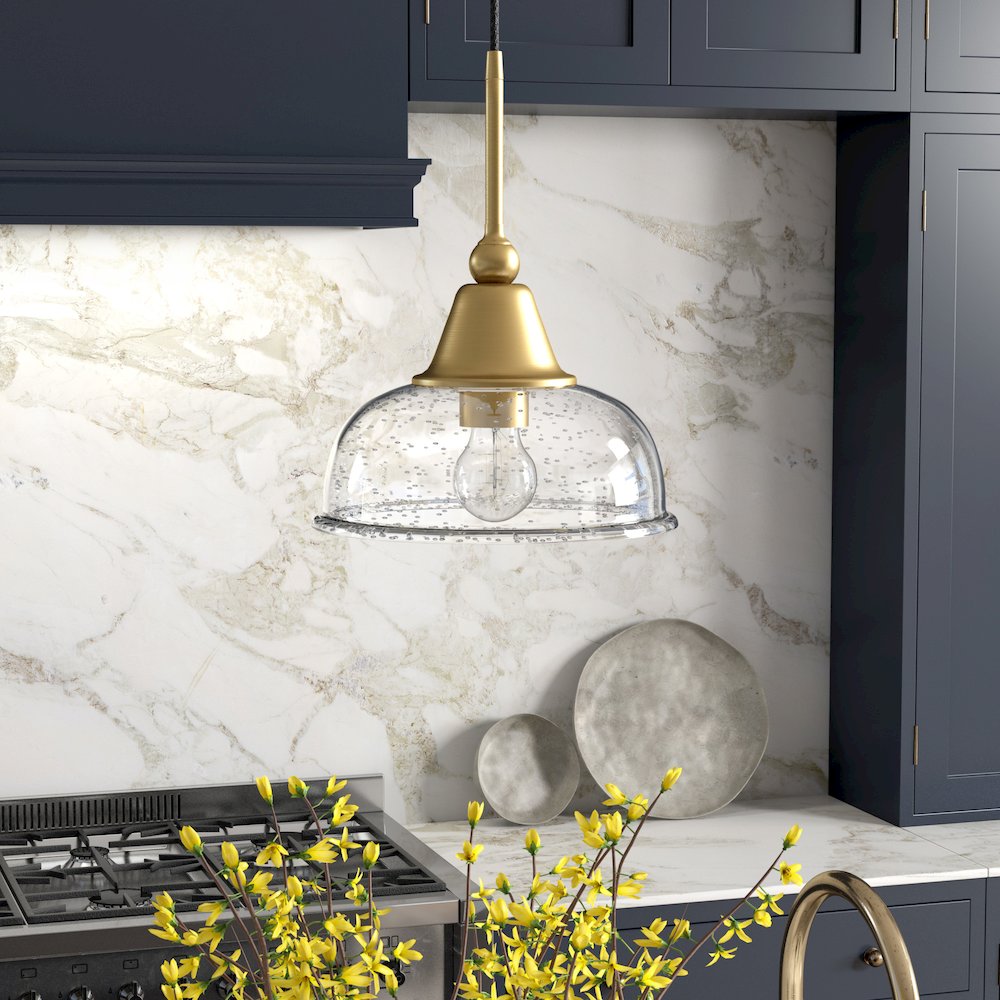 10" Modern Pendant Light Fixture with Seeded Glass Shade and 8' Cord, Gold. Picture 2