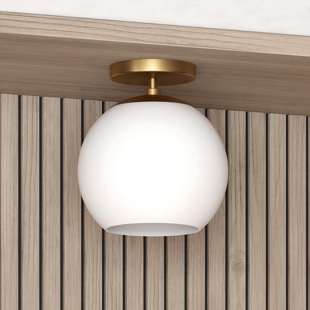 Bartlett 9" Wide Semi Flush Mount with Glass Shade in Brass/White Milk. Picture 2