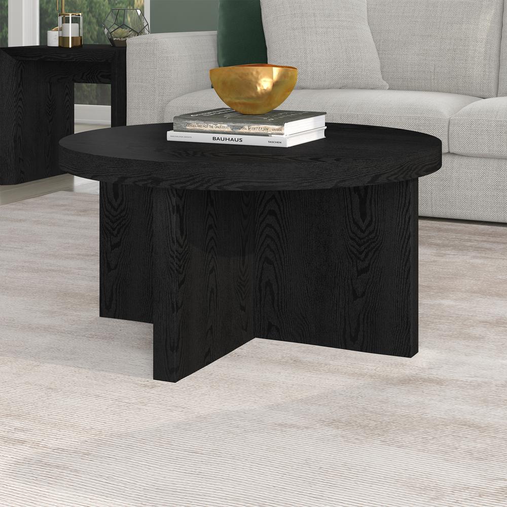 Elna 33" Wide Round Coffee Table in Black Grain. Picture 4