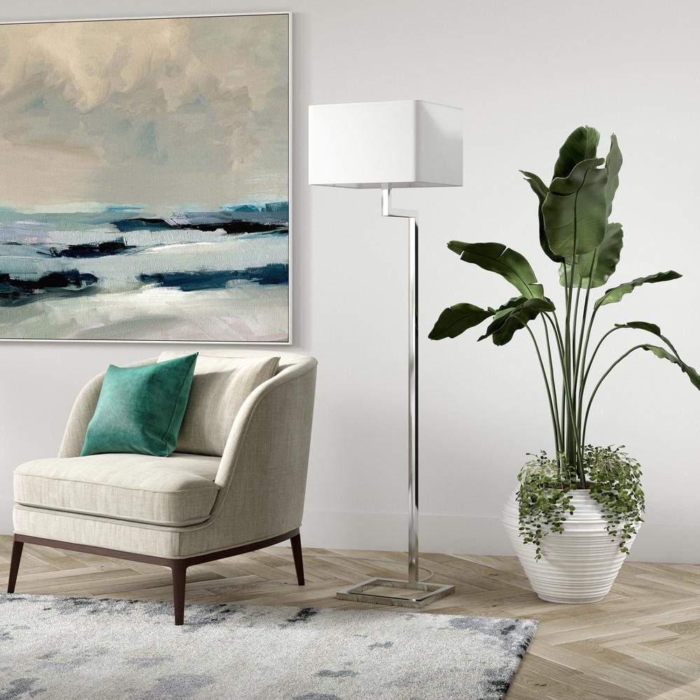 Xavier 64" Tall Floor Lamp with Fabric Shade in Polished Nickel/White. Picture 4