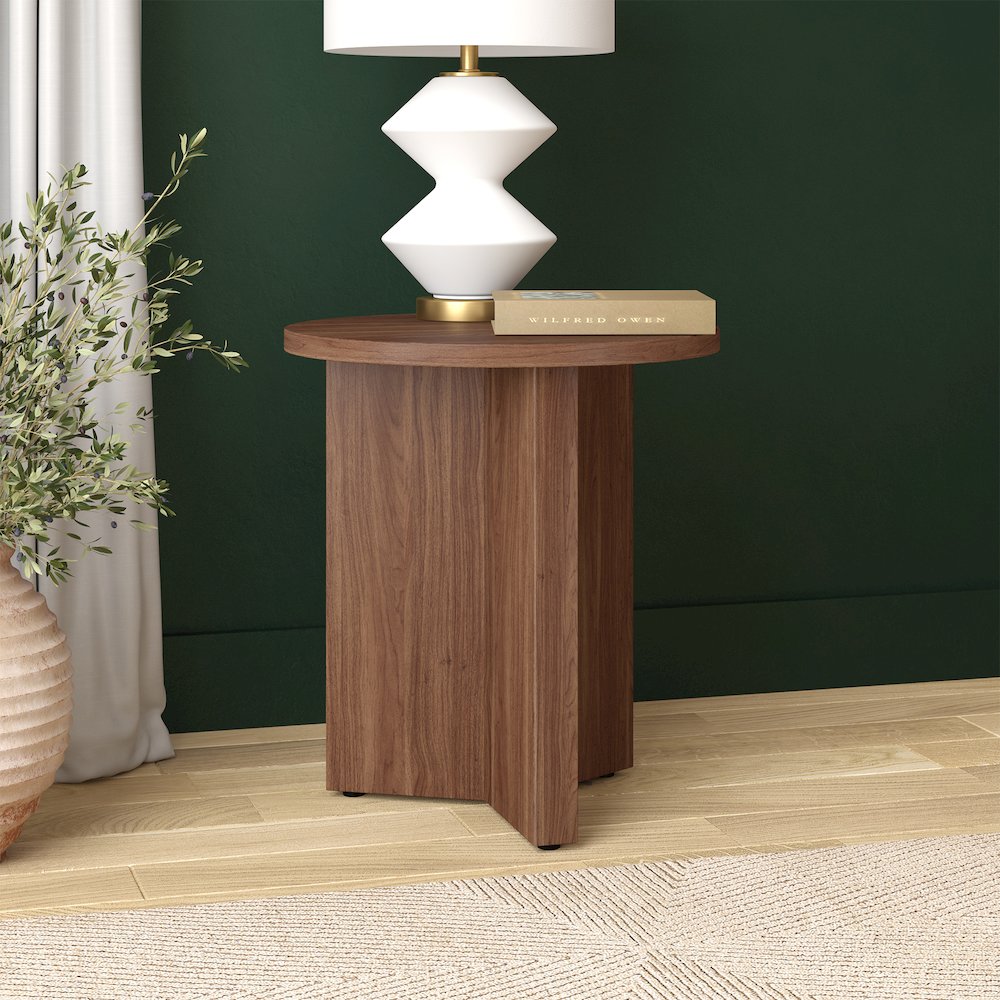 Anders 20" Wide Round Side Table in Satin Walnut. Picture 4