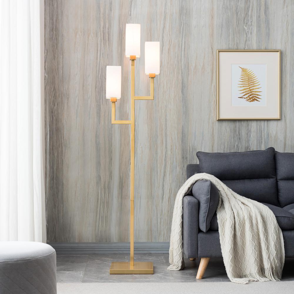 Basso 3-Light Torchiere Floor Lamp with Fabric Shade in Brass/White. Picture 4