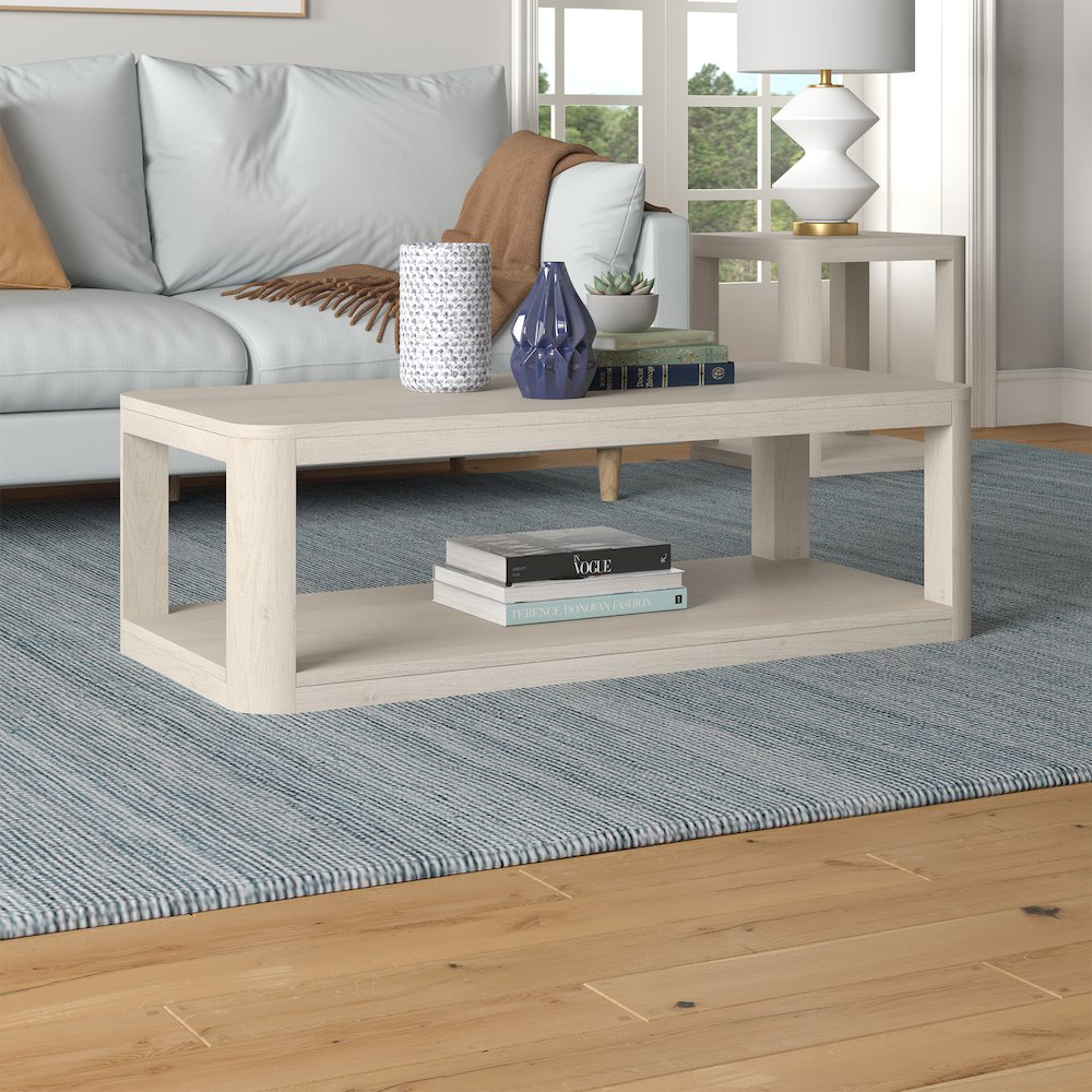 Stellan 47" Wide Rectangular Coffee Table in Alder White. Picture 4
