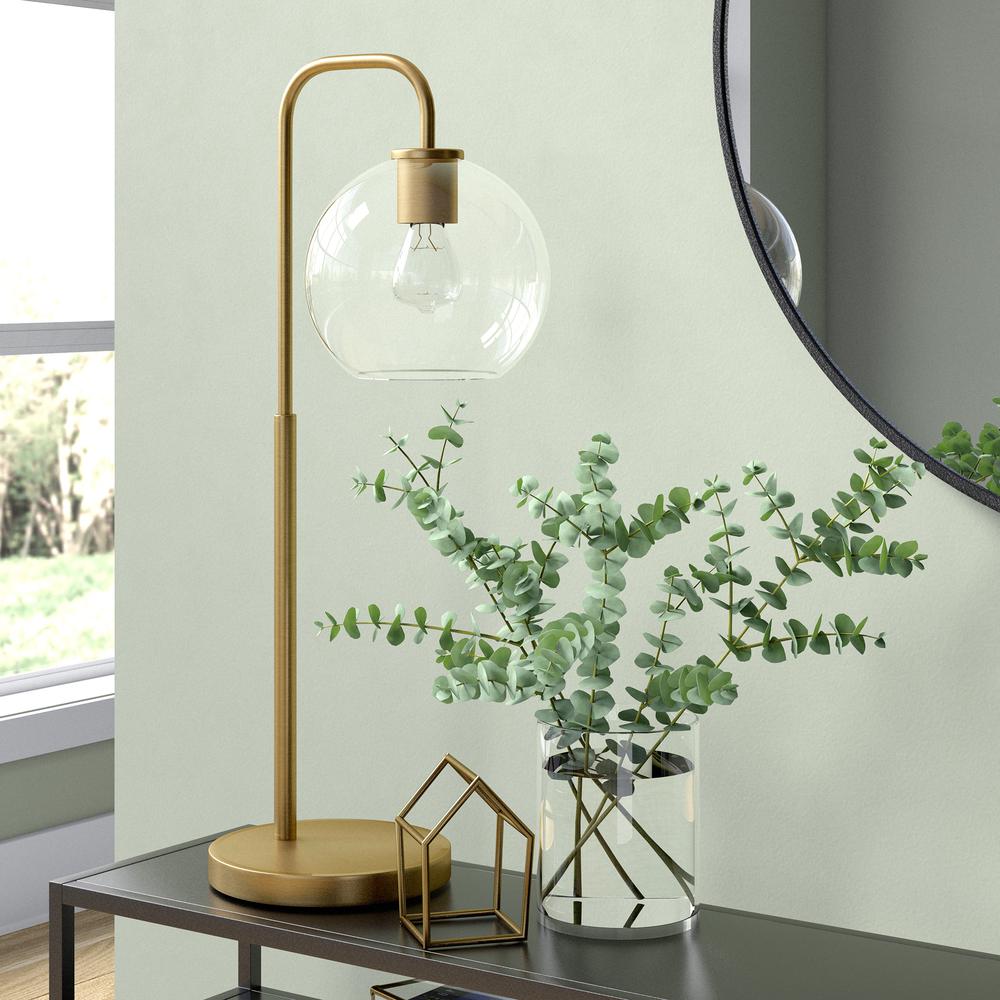 Harrison 27" Tall Arc Table Lamp with Glass Shade in Brass/Clear. Picture 3