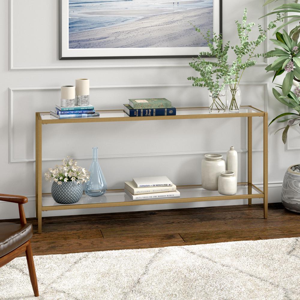 Hera 64'' Wide Rectangular Console Table with Glass Shelf in Brushed Brass. Picture 2