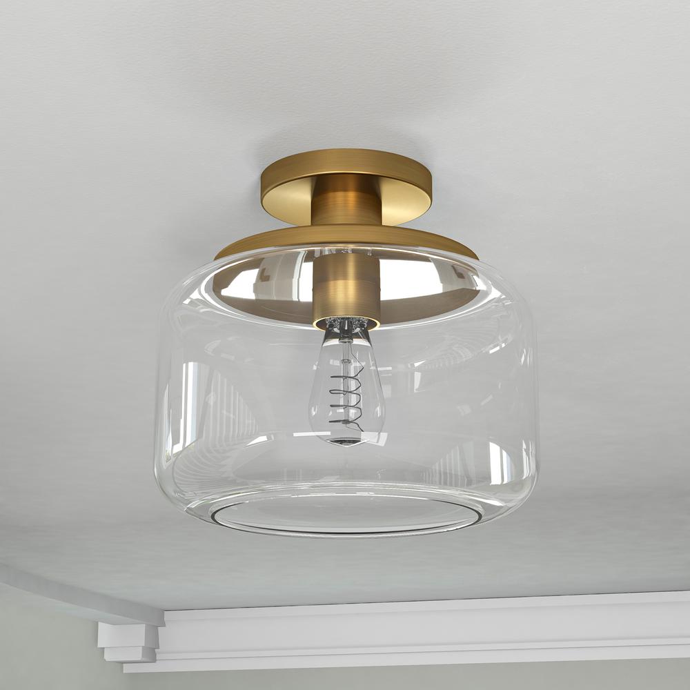 Tatum 11" Wide Semi Flush Mount with Glass Shade in Brushed Brass/Clear. Picture 2