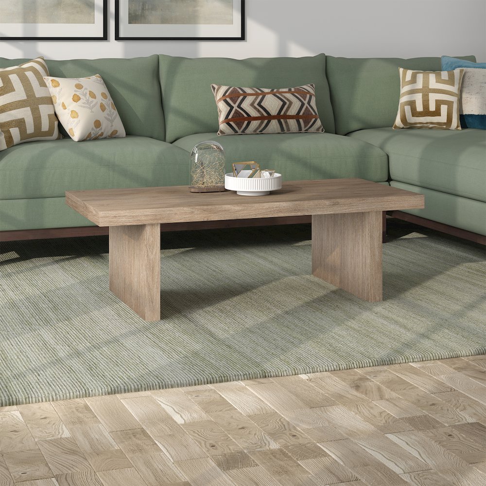 Soren 48" Wide Rectangular Coffee Table in Antiqued Gray Oak. Picture 4