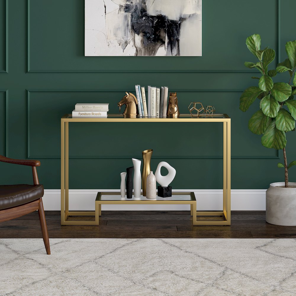47'' Glass Rectangular Console Table Entryway, Sofa Table with Glass Shelf, Gold. Picture 5