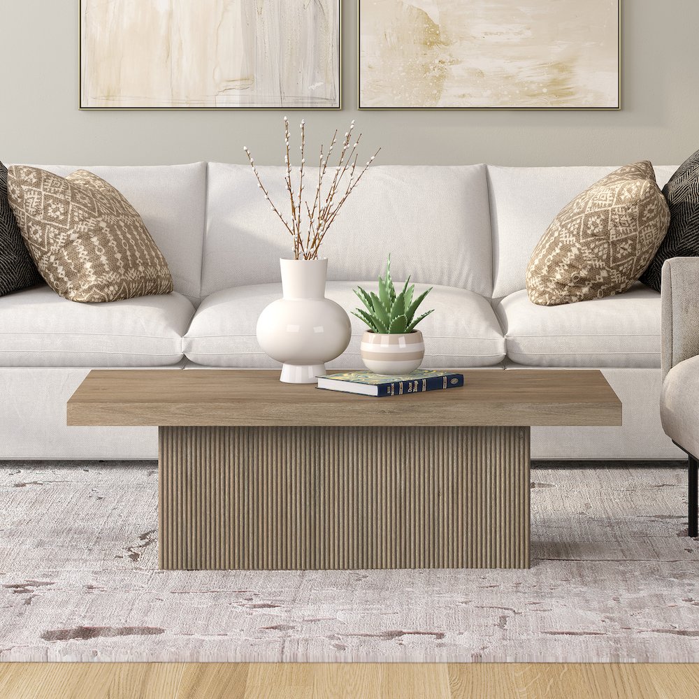 Torren 48" Wide Rectangular Coffee Table in Antiqued Gray Oak. Picture 4
