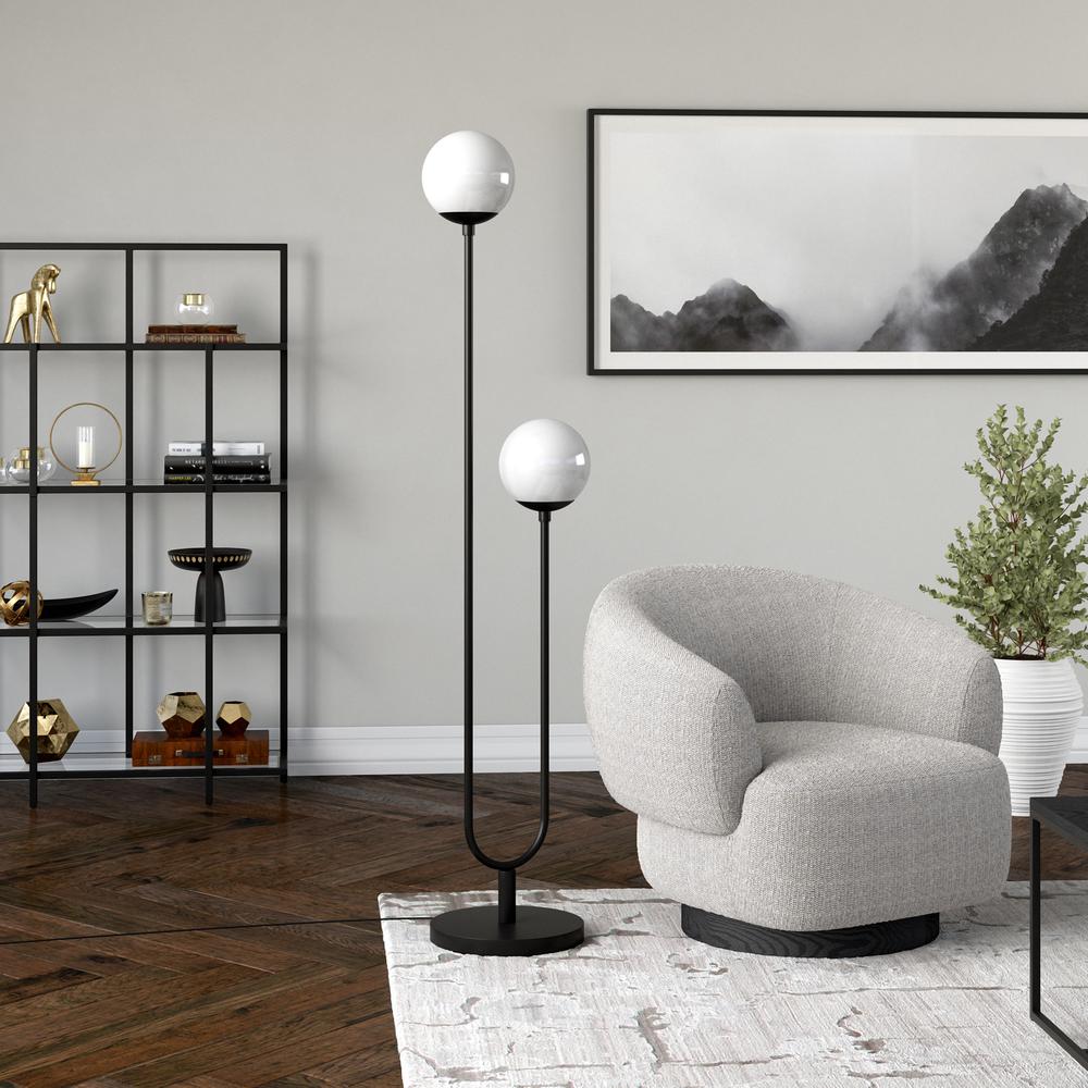 Dufrene 2-Light Floor Lamp with Glass Shades in Blackened Bronze/White Milk. Picture 2