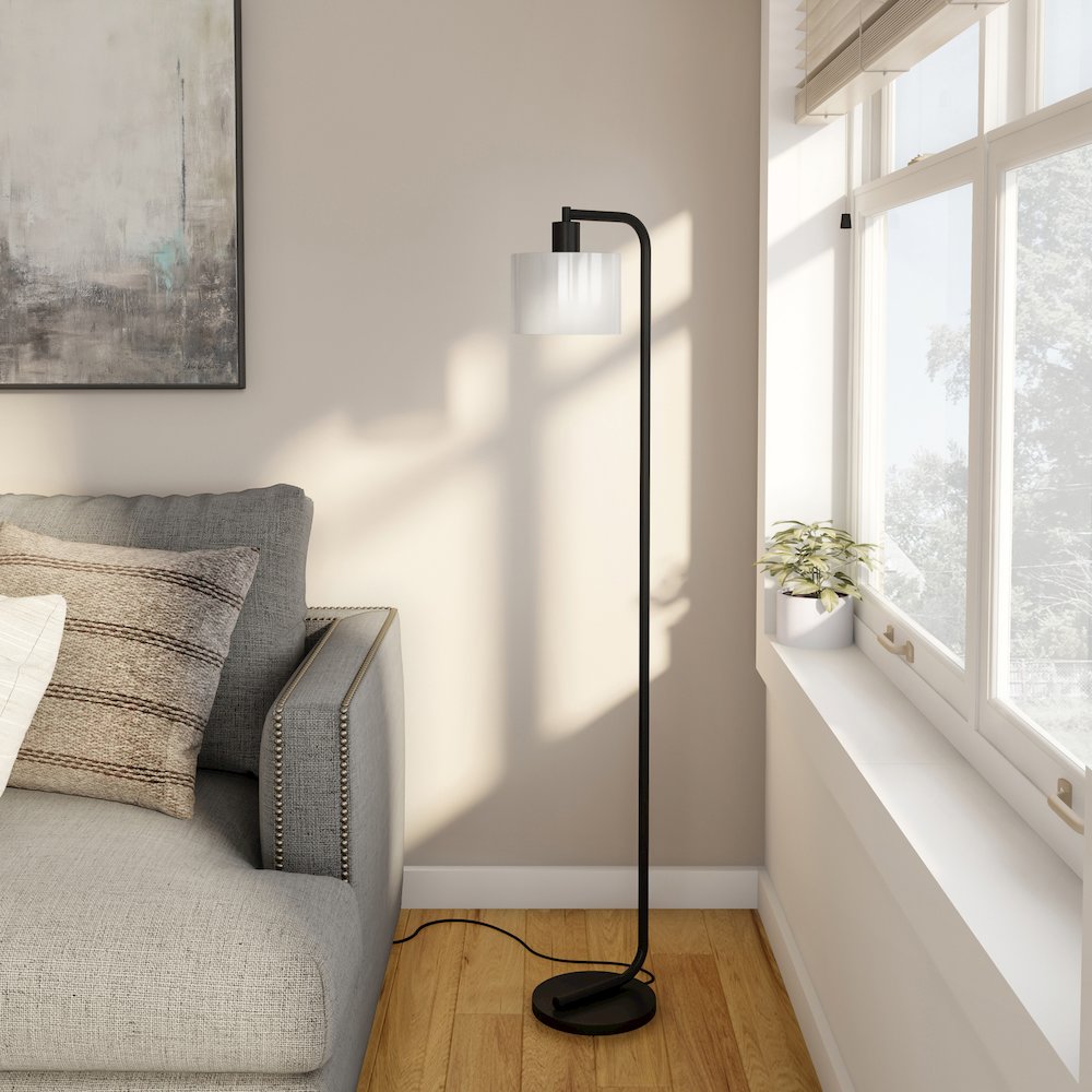 57'' Industrial 1-Light Floor Lamp with White Glass Drum Shade, Black. Picture 5