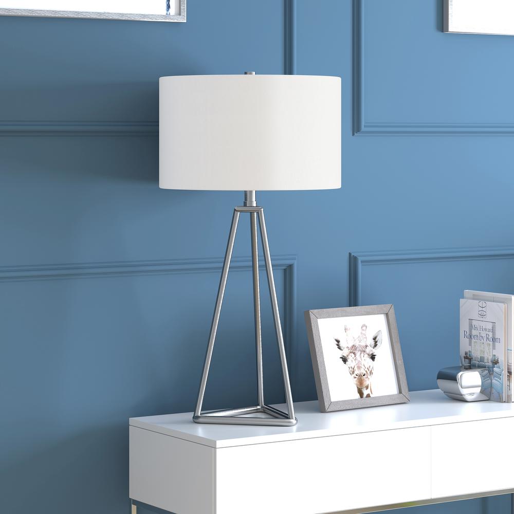 Gio 26.13" Tall Table Lamp with Fabric Shade in Brushed Nickel/White. Picture 2