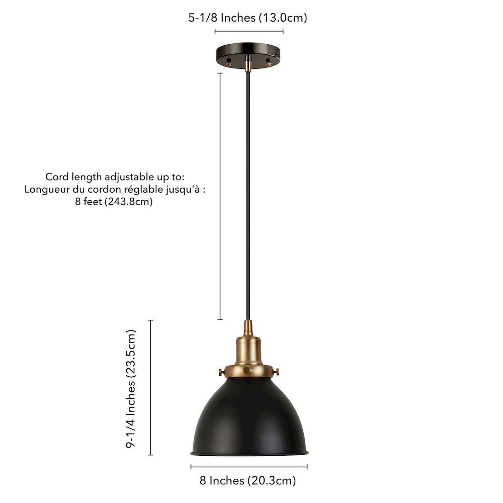 8" Two-Toned Pendant Light Fixture with Black Shade and 8' Cord, Ebony/Gold. Picture 7