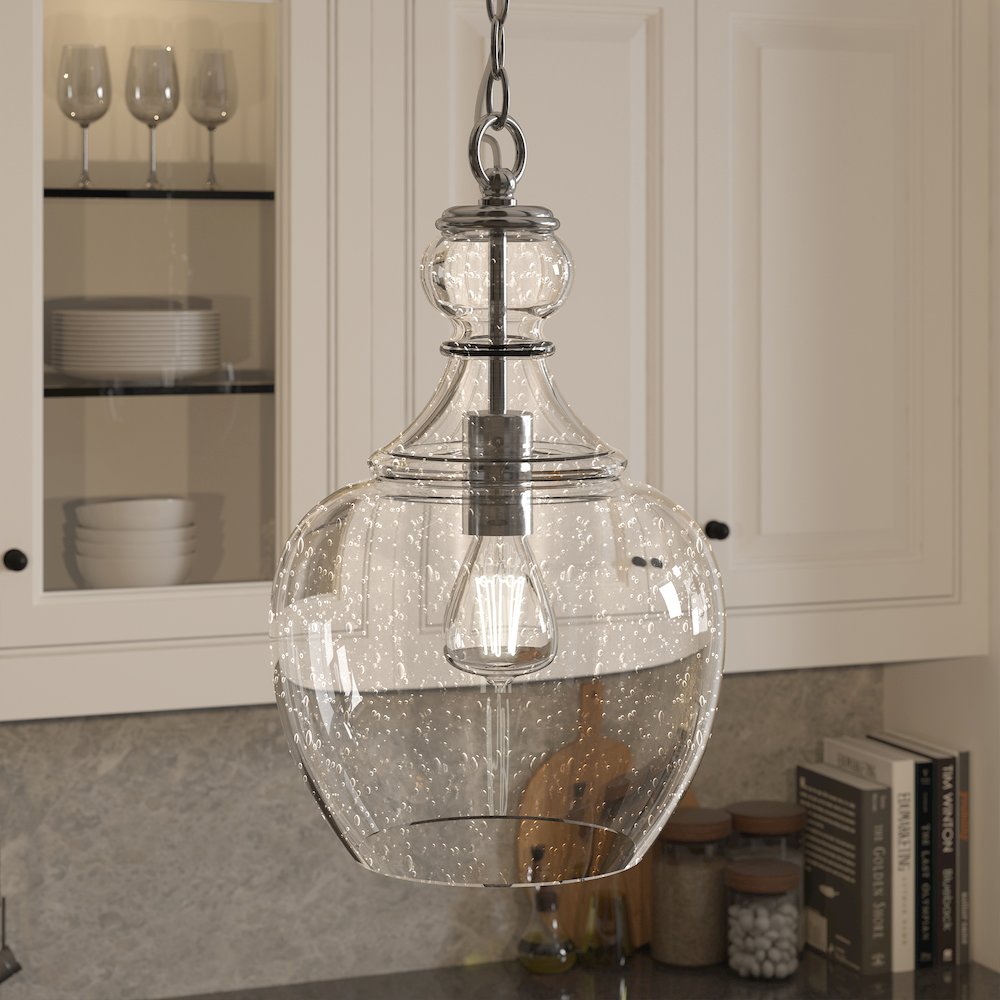 11" Mid-Century Light Fixture, Seeded Glass Shade, 6' Cord, Brushed Silver. Picture 5
