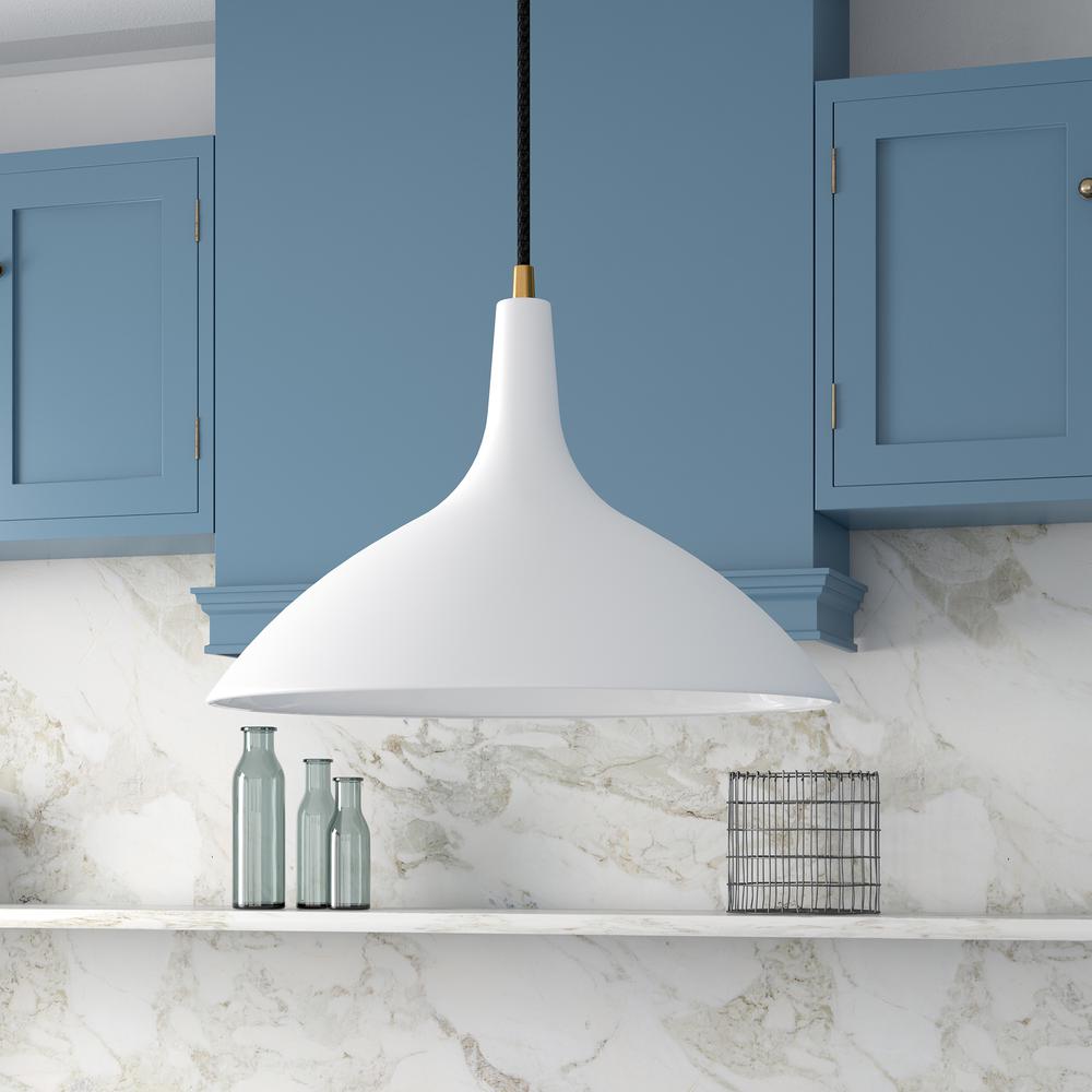 Barton 14" Wide Pendant with Metal Shade in Matte White/Brass/Matte White. Picture 2