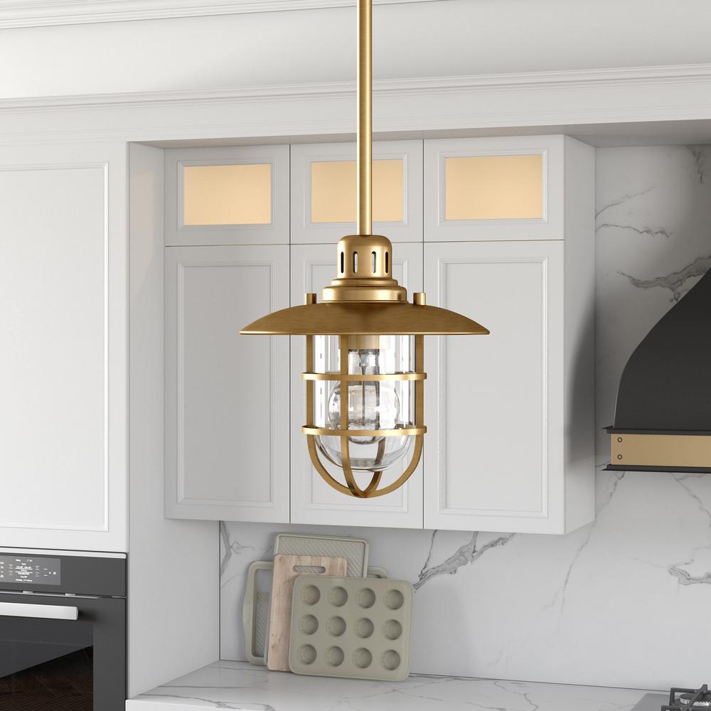 Bay 8.25" Wide Lantern Pendant with Glass/Metal Shade in Brass/Clear. Picture 2