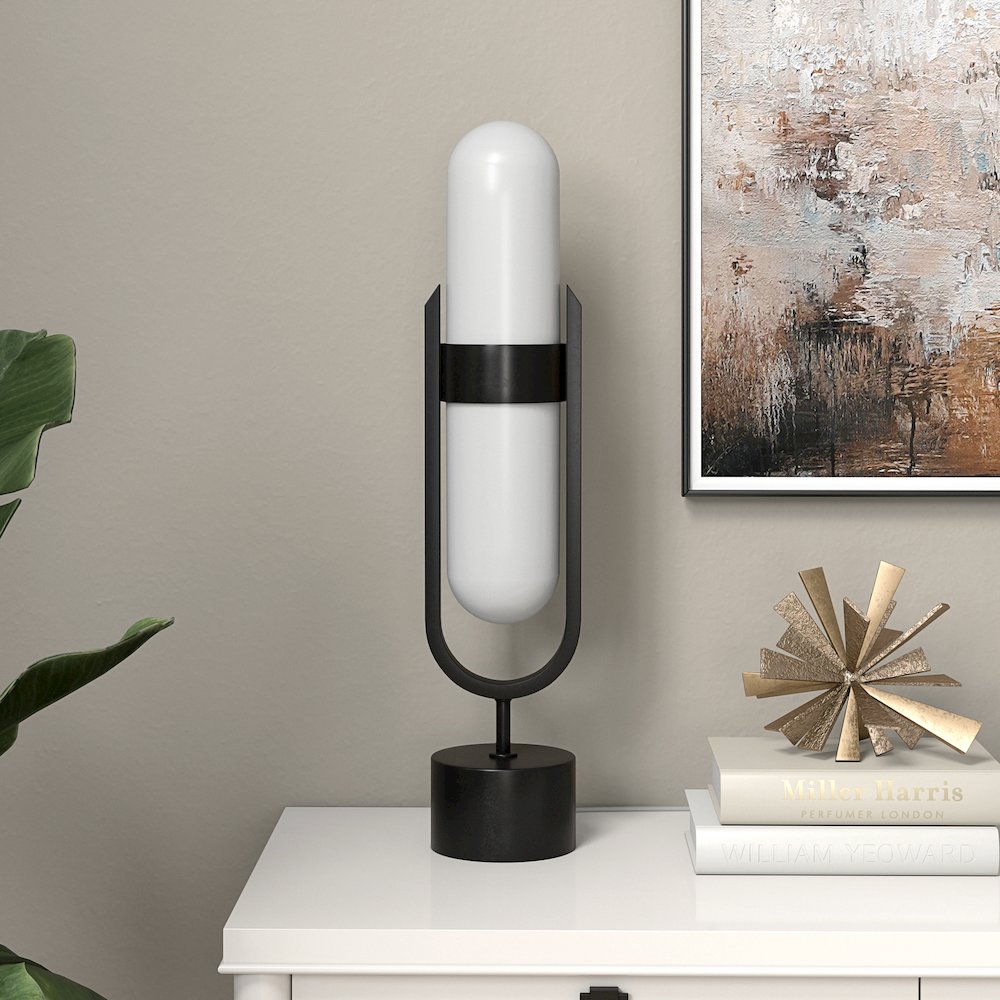 Blair Pill-Shaped Table Lamp with Milk Glass Shade in Blackened Bronze/White. Picture 3