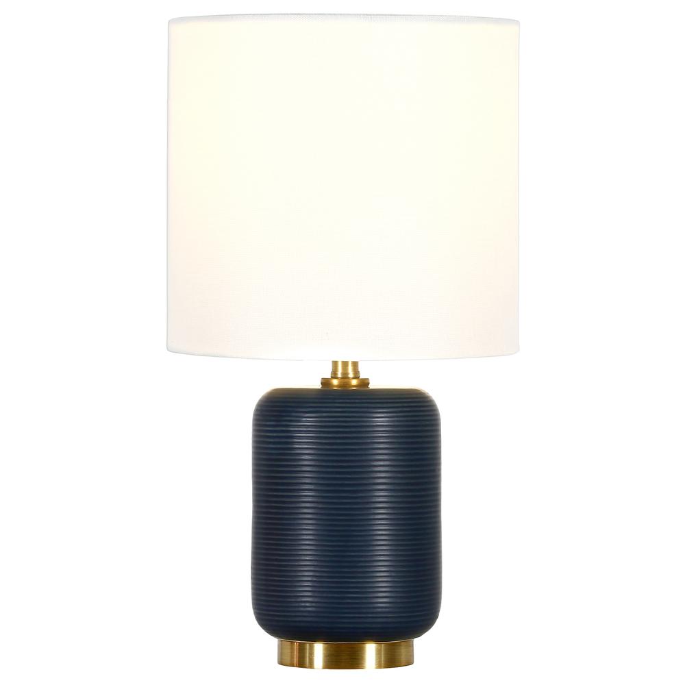 Lambert 15" Tall Ceramic Mini Lamp with Fabric Shade in Matte Navy/White. Picture 3